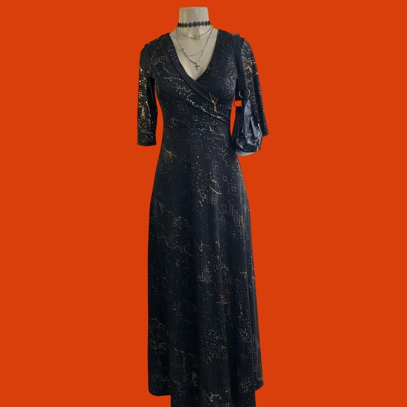 Snap Dresses & Skirts - Vintage Y2K SNAP Black Gold Wrap Maxi Dress S 2000s Mesh Goth Party Clubwear